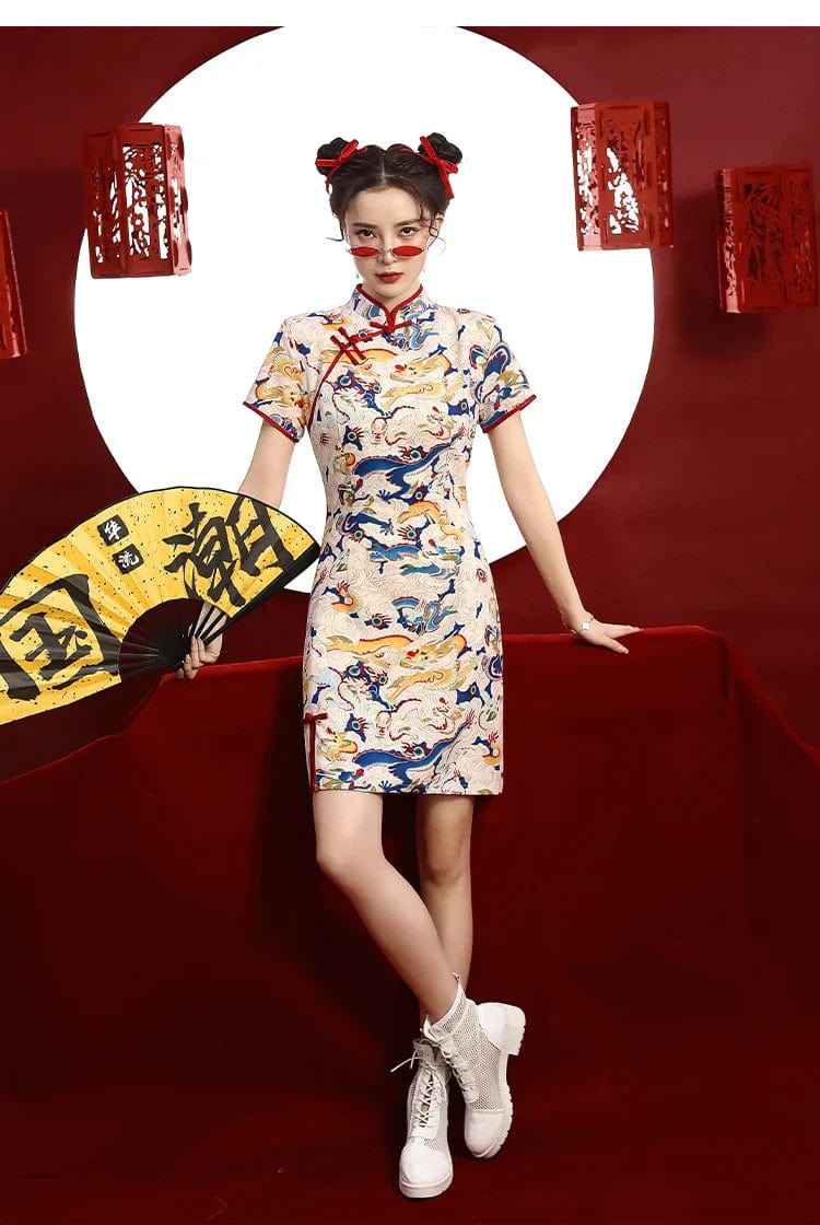 Women Heavenly Dragon Print Cheongsam Dress