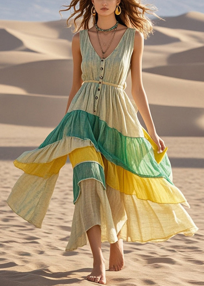 Silm Fit Asymmetrical Design Patchwork Cotton Long Dress Summer