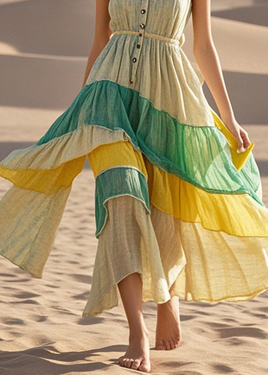 Silm Fit Asymmetrical Design Patchwork Cotton Long Dress Summer