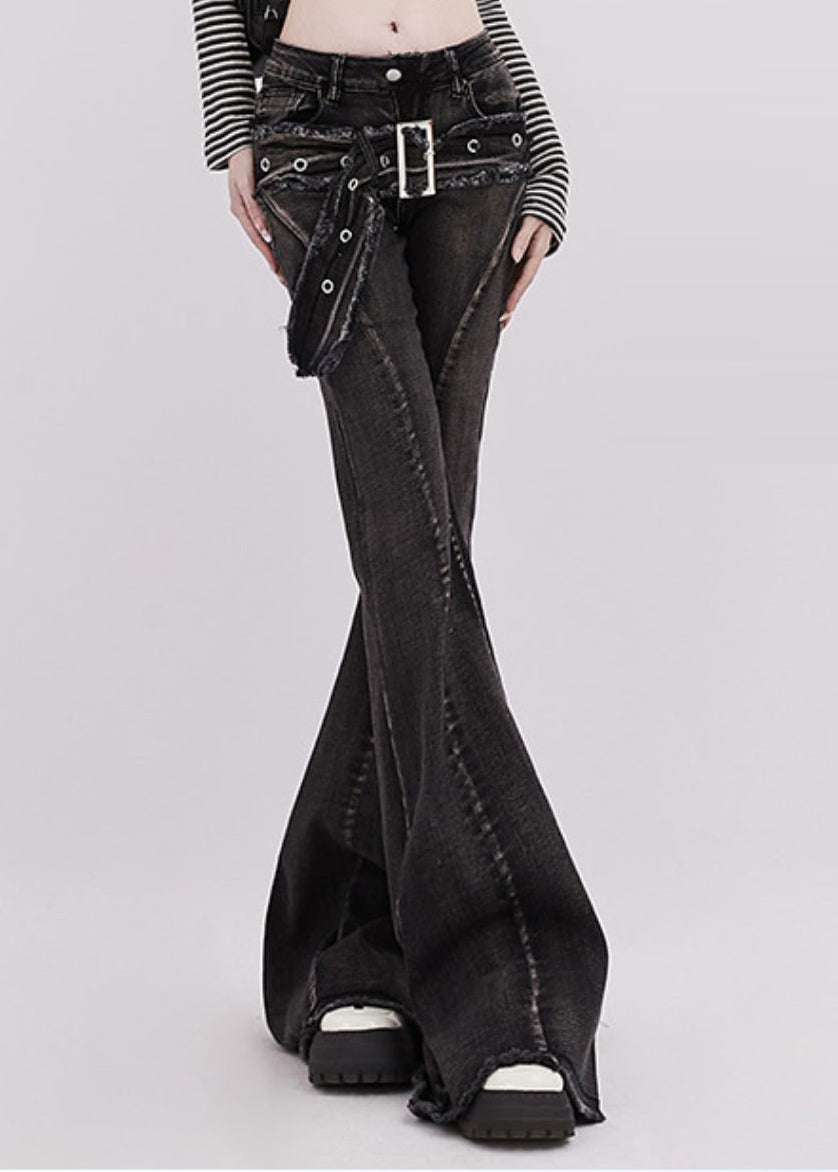 Silm Fit Black Asymmetrical Denim Bell-bottom Trousers Spring