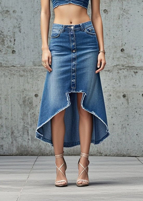 Silm Fit Blue Asymmetrical Design Denim Skirts Fall