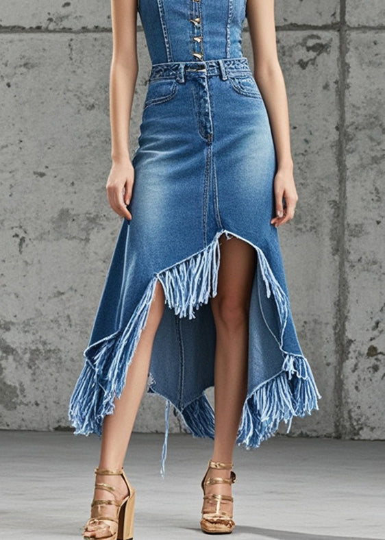 Silm Fit Blue Asymmetrical Tasseled Denim Vacation Skirt Fall