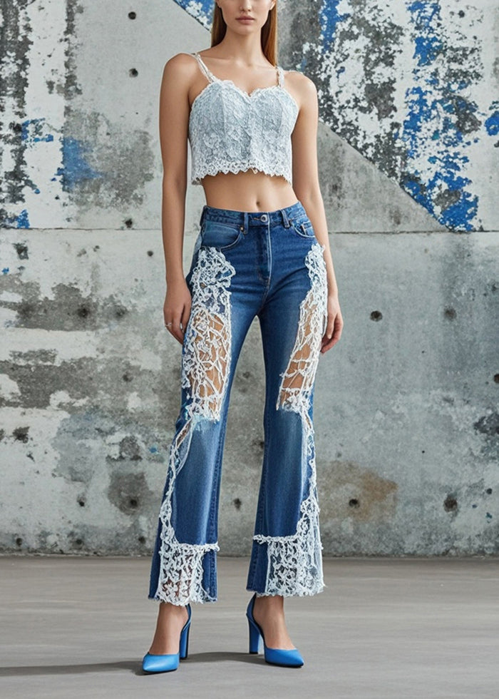 Silm Fit Blue Hollow Out Patchwork Lace Denim Pants Fall