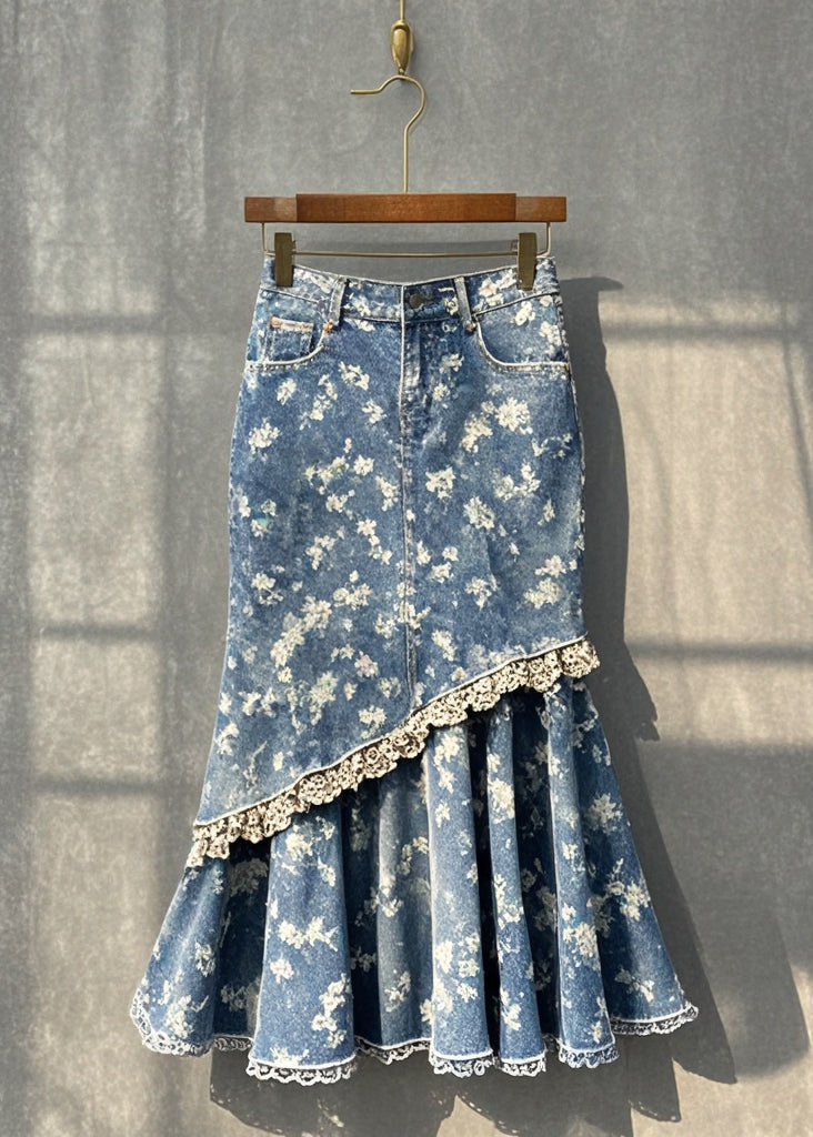 Slim Fit Blue Print Patchwork Denim Wraped Skirt Fall