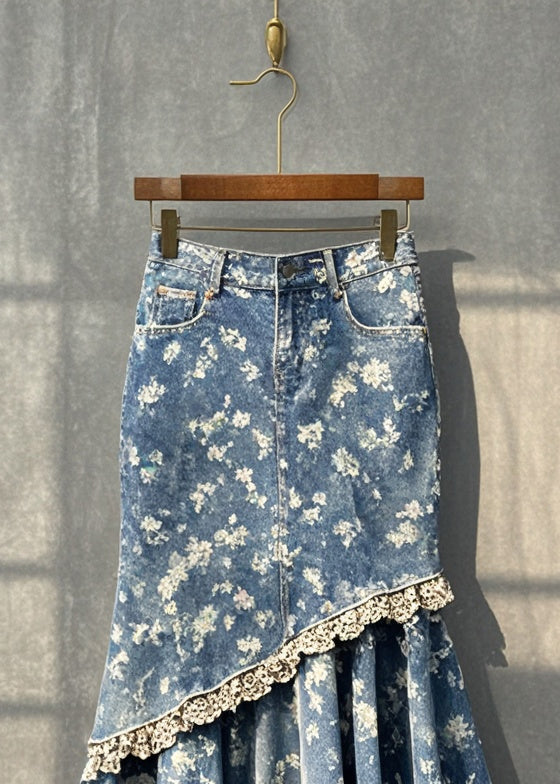 Slim Fit Blue Print Patchwork Denim Wraped Skirt Fall