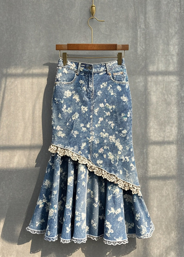 Slim Fit Blue Print Patchwork Denim Wraped Skirt Fall