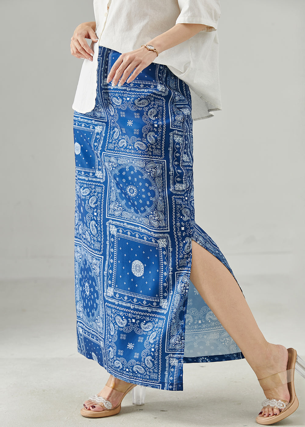 Silm Fit Blue Print Side Open Linen Skirts Summer