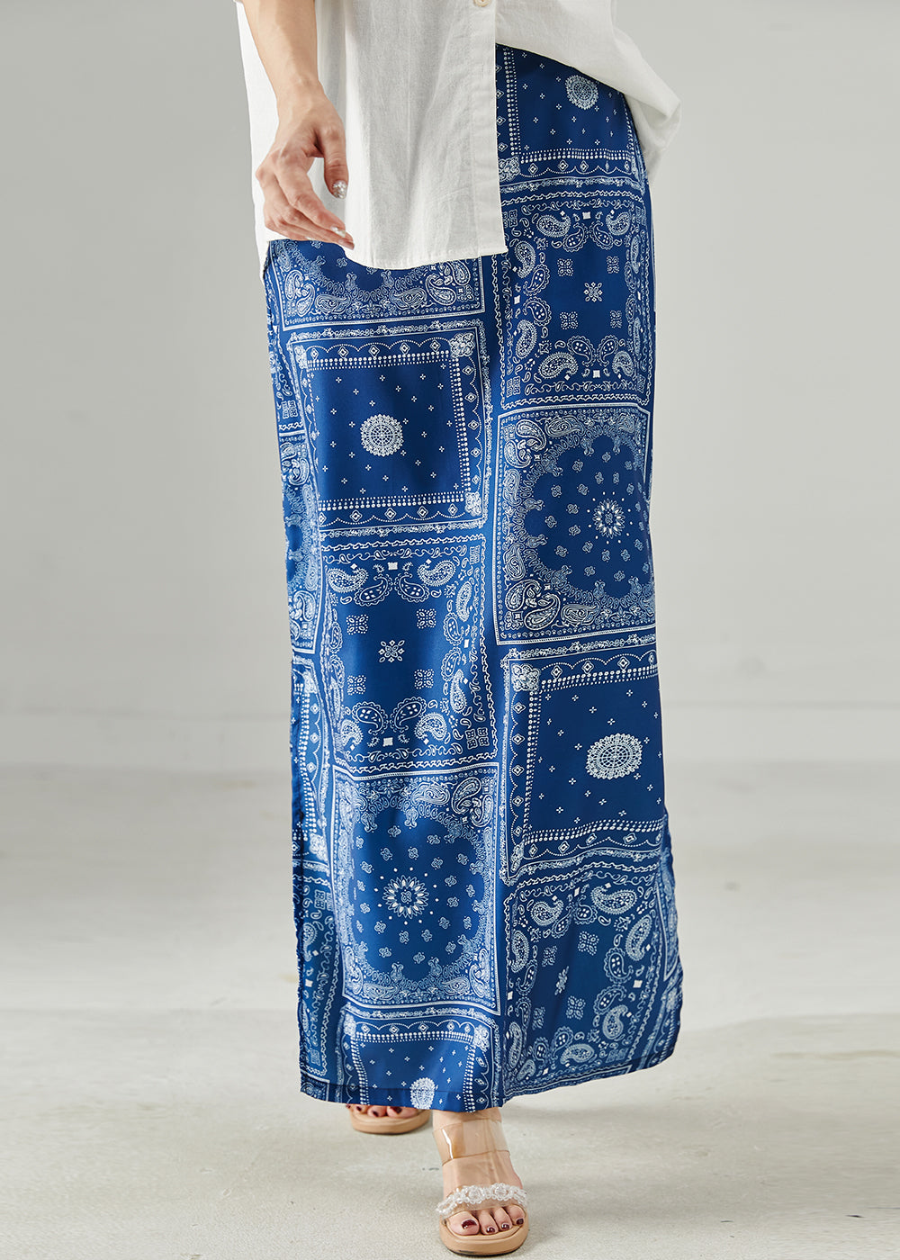 Silm Fit Blue Print Side Open Linen Skirts Summer