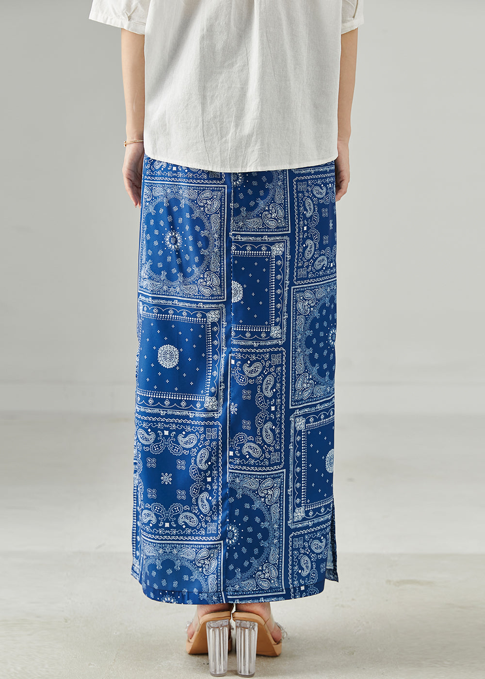 Silm Fit Blue Print Side Open Linen Skirts Summer