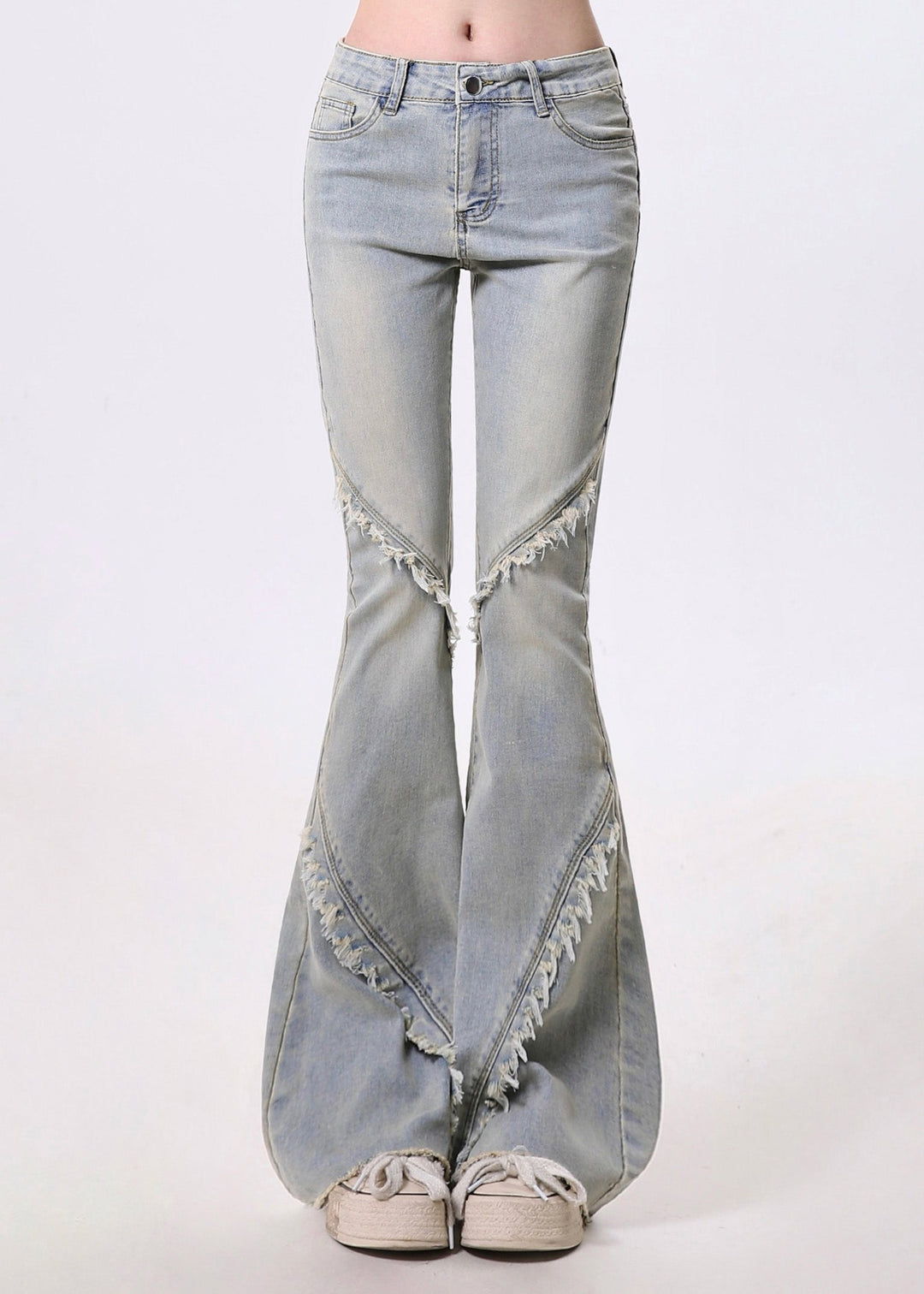 Silm Fit Blue Tasseled Patchwork Denim Bell-bottom Trousers Spring