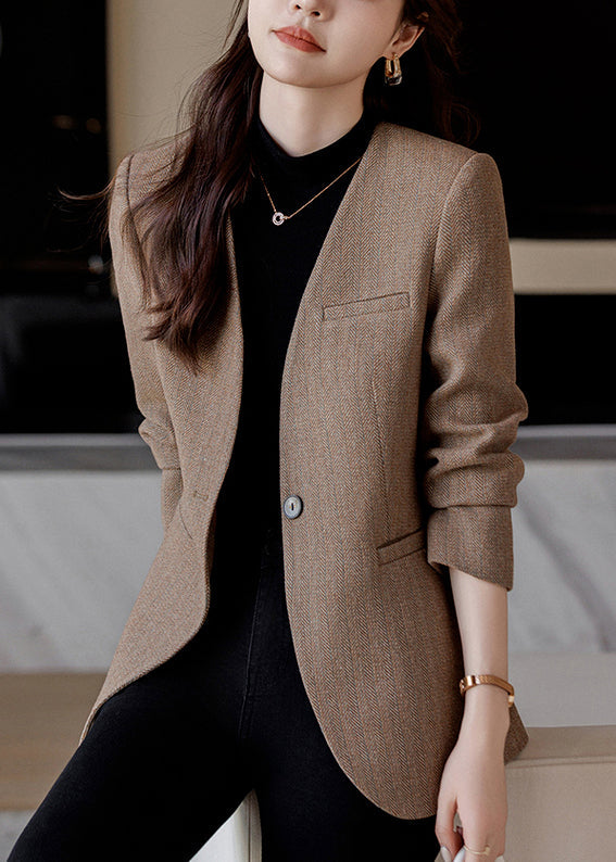 Silm Fit Brown V Neck Woolen Jacket Spring