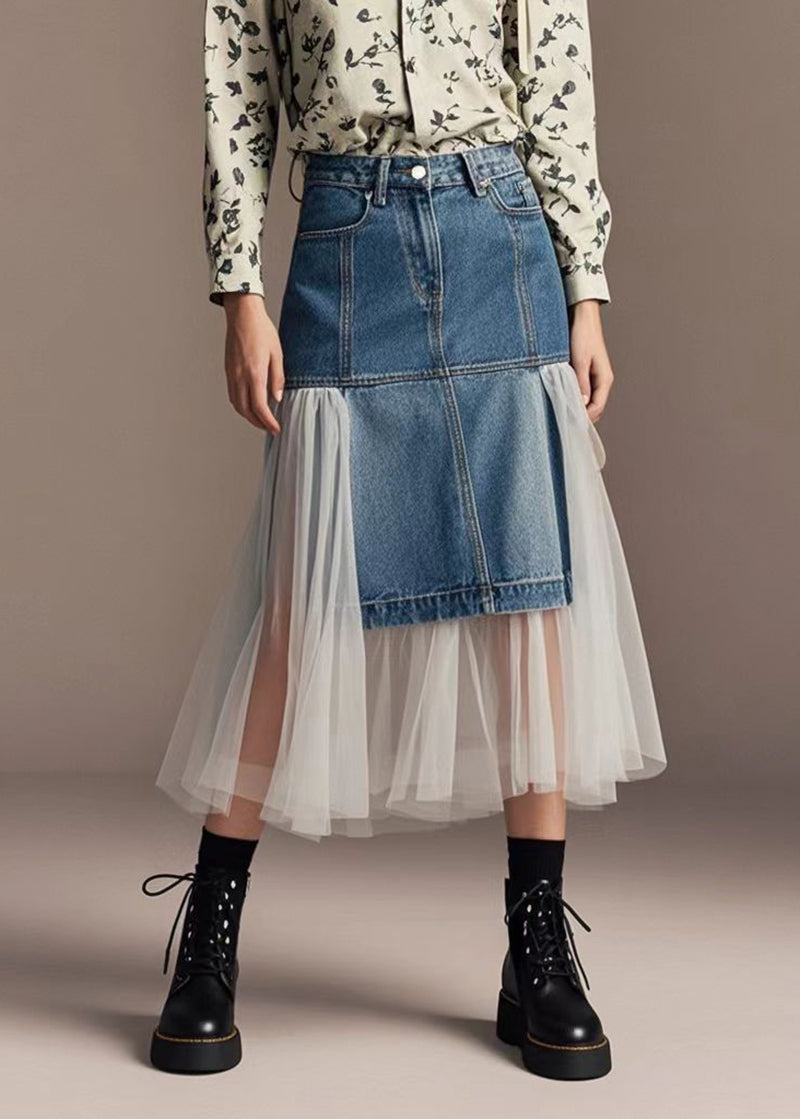 Silm Fit Denim Blue Patchwork Tulle Wraped Skirts Spring