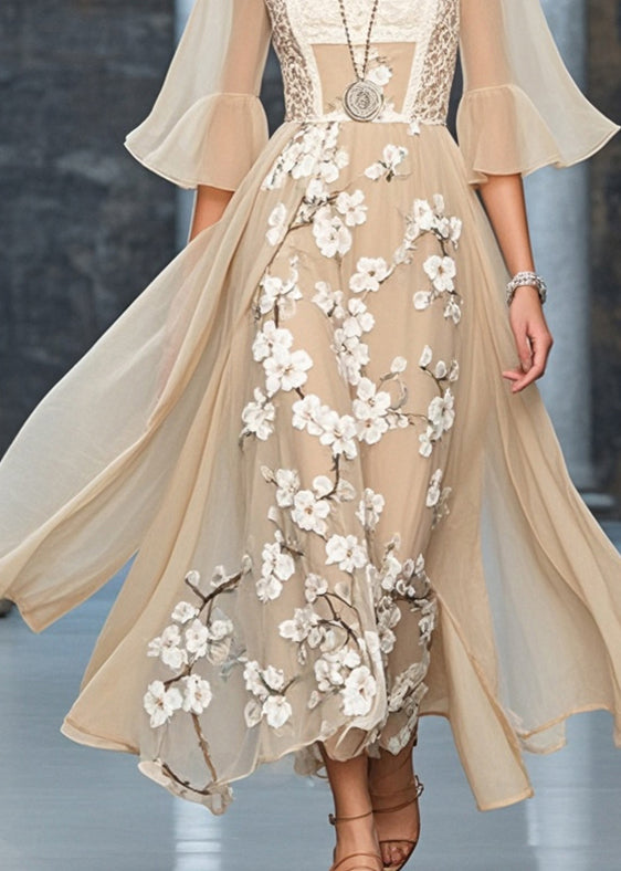 Silm Fit Khaki Plum Blossom Chiffon Long Dresses Flare Sleeve