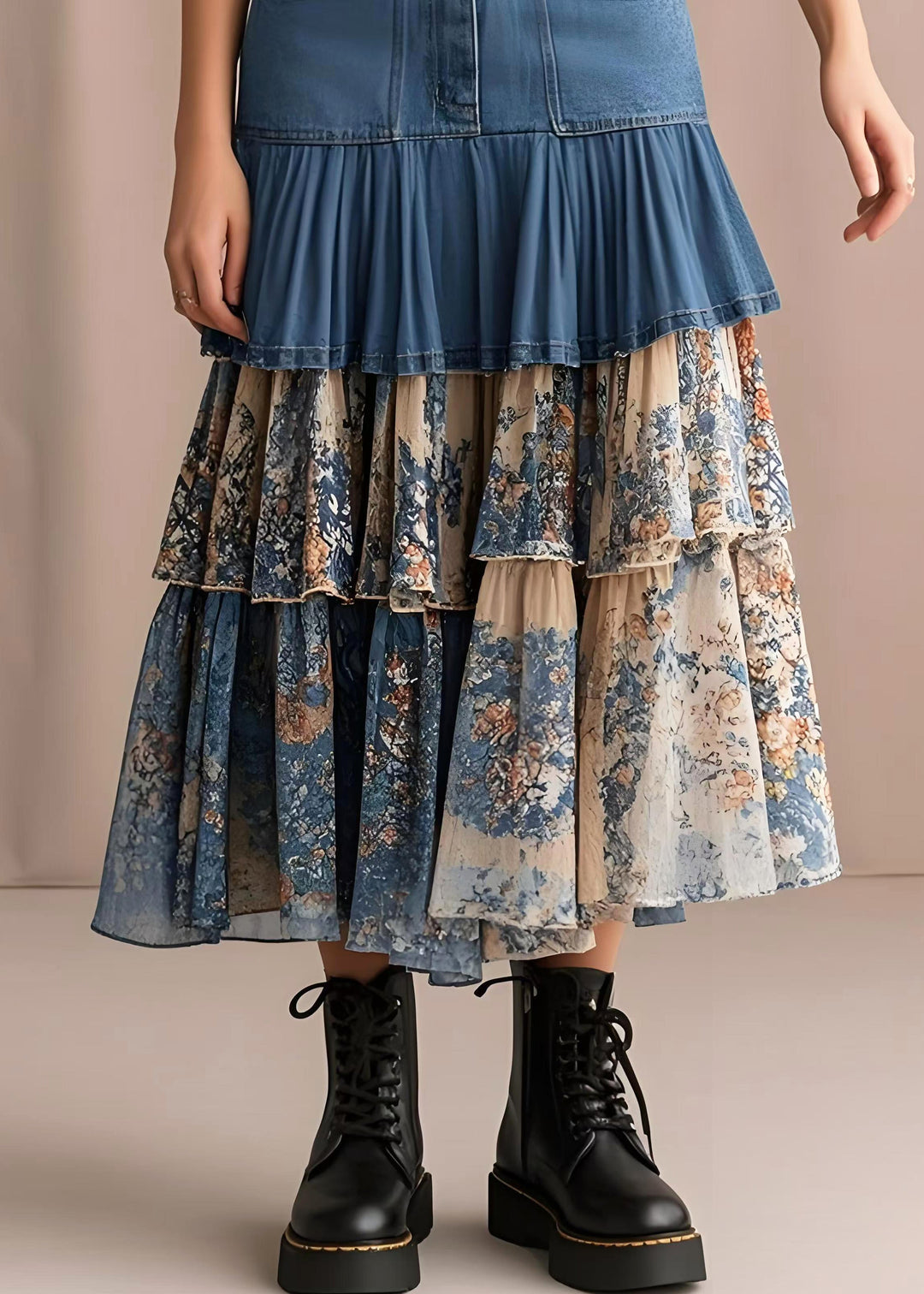 Silm Fit Navy Layered Ruffled Patchwork Print Denim Skirts Spring