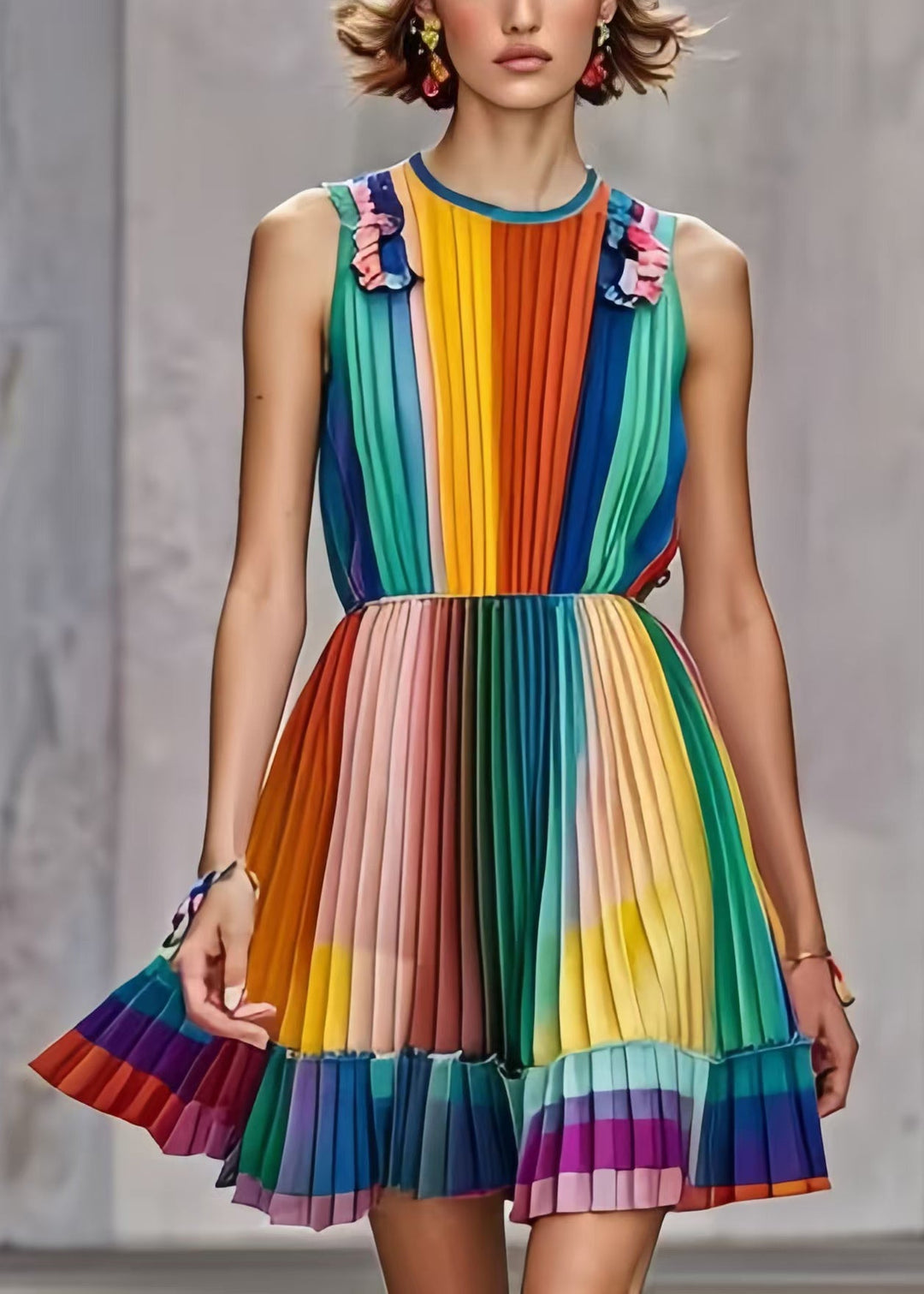 Silm Fit Rainbow Cold Shoulder Tie Dye Chiffon Pleated Dress Summer