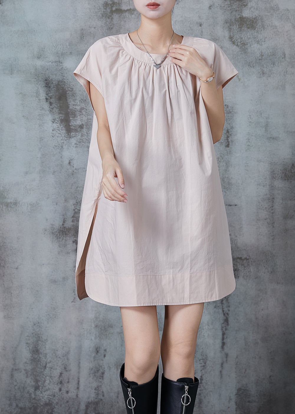 Simple Apricot Oversized Side Open Cotton Day Dress Summer