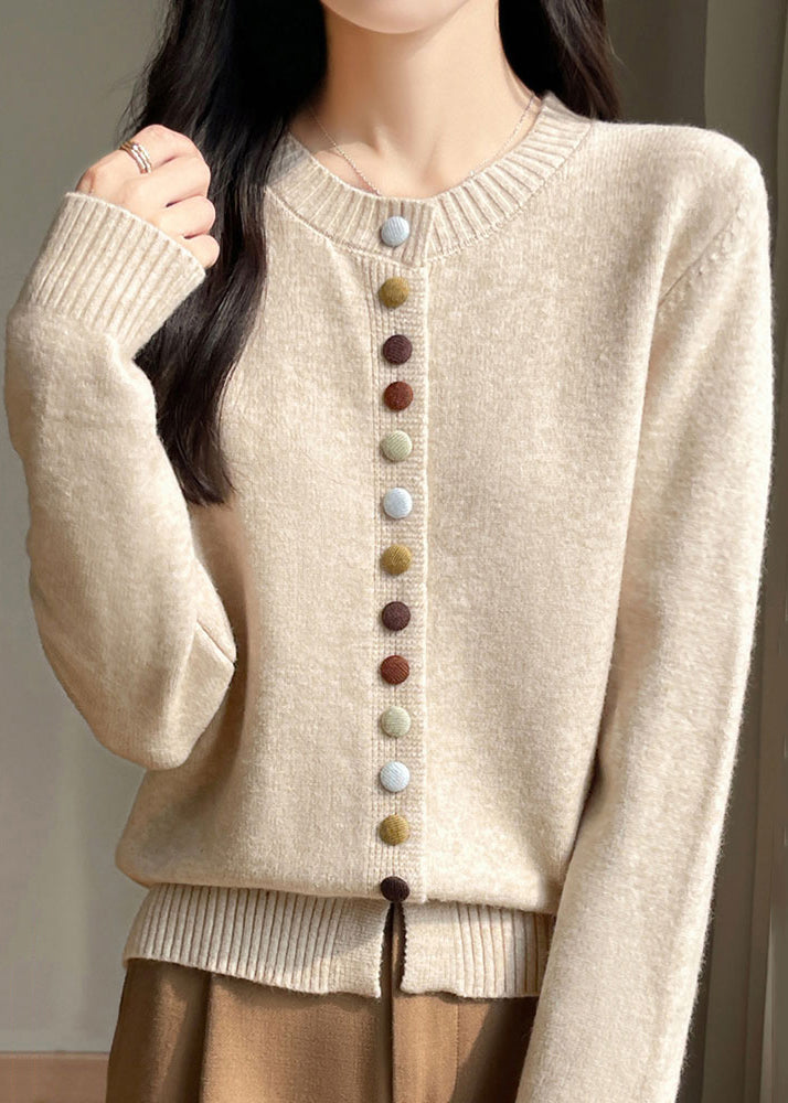 Simple Beige O Neck Button Woolen Coats Spring