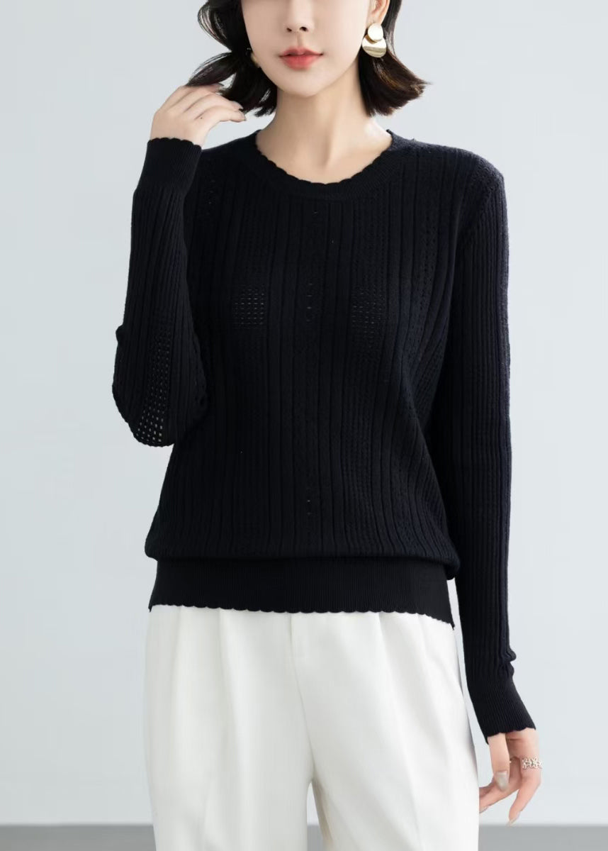 Simple Beige O Neck Hollow Out Knit Sweater Fall