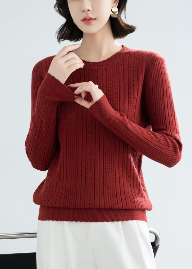 Simple Beige O Neck Hollow Out Knit Sweater Fall