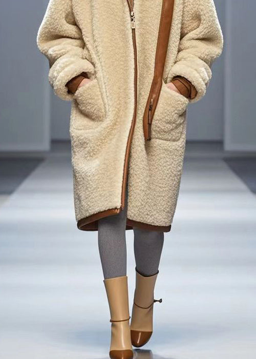 Simple Beige Oversized Fuzzy Fur Fluffy Trench Winter