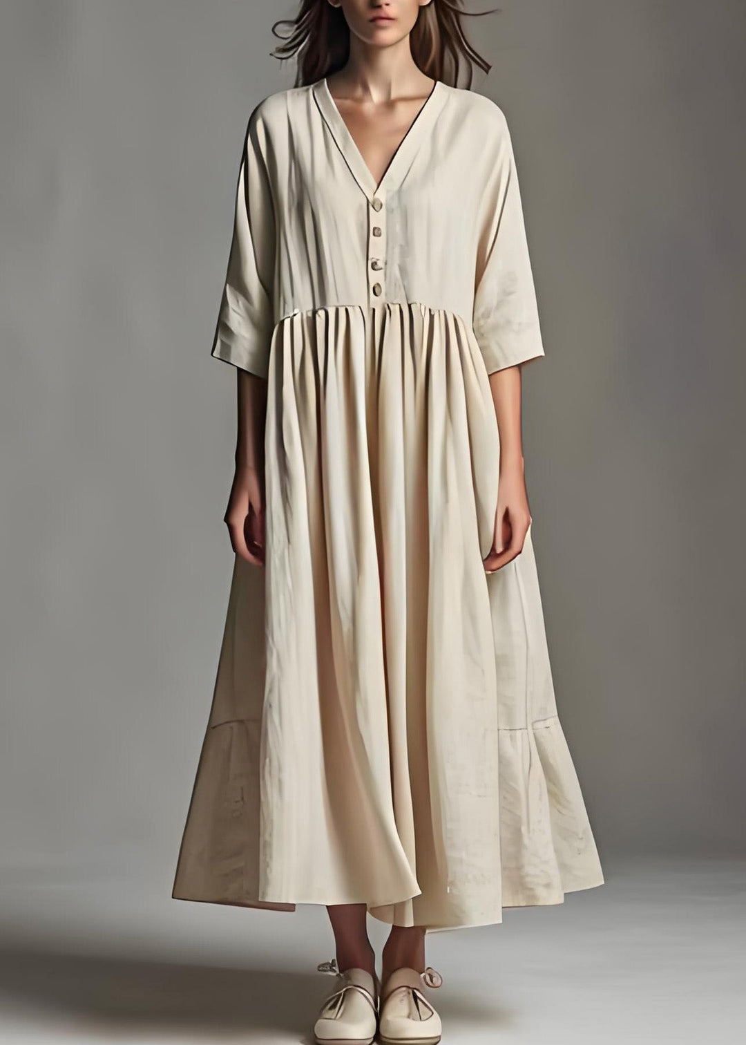 Simple Beige V Neck Wrinkled Patchwork Linen Dress Summer