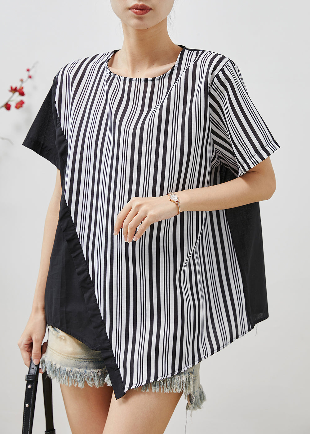 Simple Black Asymmetrical Patchwork Striped Tank Summer