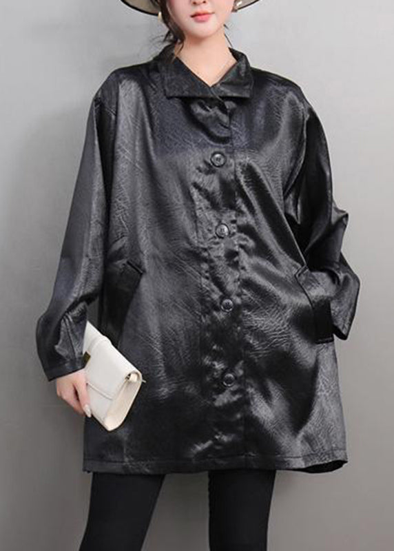 Simple Black Button Solid Silk Shirt Spring