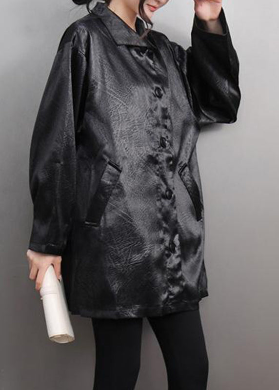 Simple Black Button Solid Silk Shirt Spring