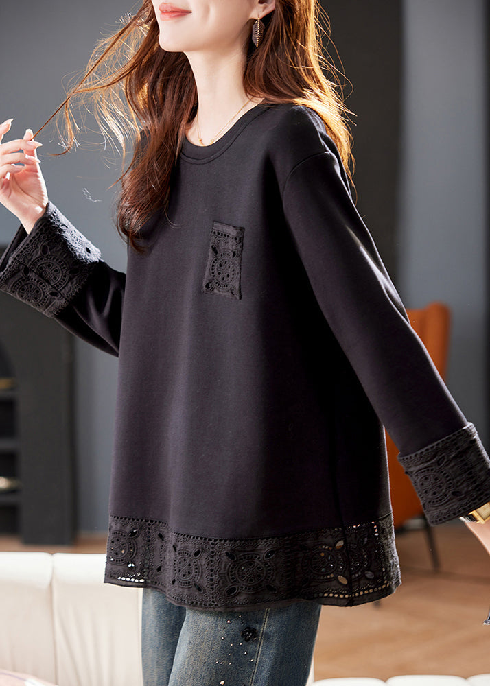 Simple Black O Neck Hollow Out Patchwork Cotton T Shirts Winter