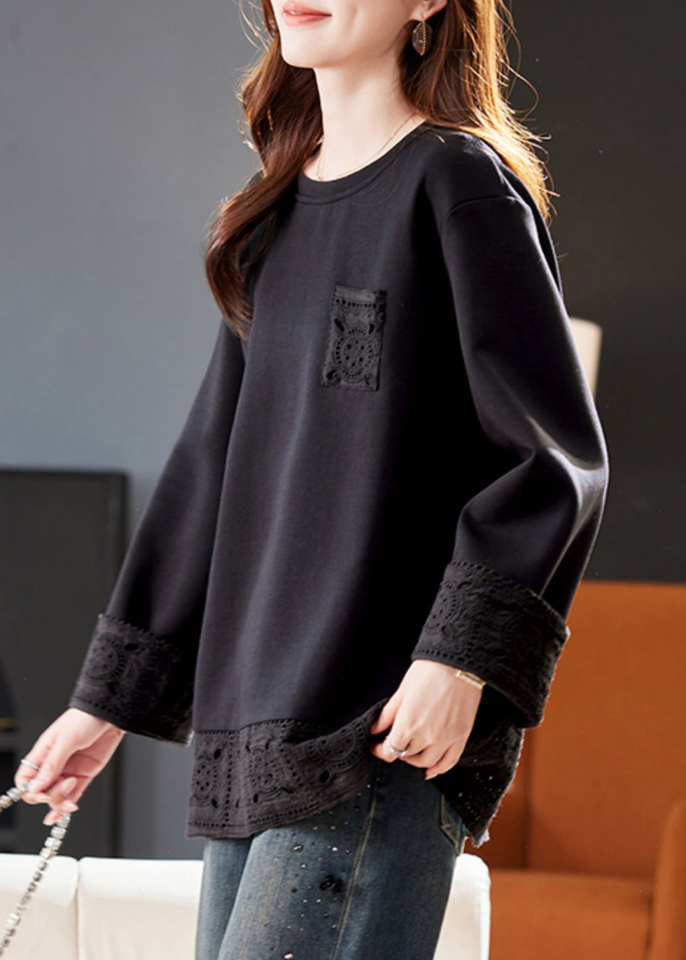 Simple Black O Neck Hollow Out Patchwork Cotton T Shirts Winter