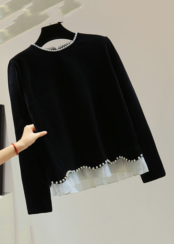 Simple Black O-Neck Nail Bead Silk Velvet Sweater Winter