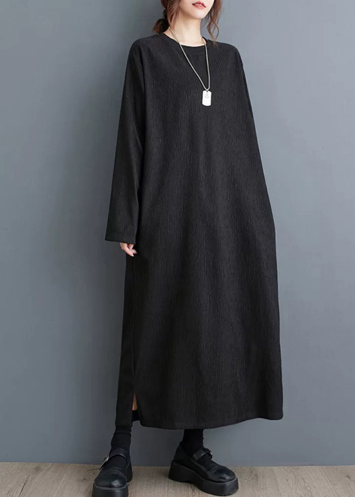 Simple Black O Neck Plus Size Cotton Long Dress Fall