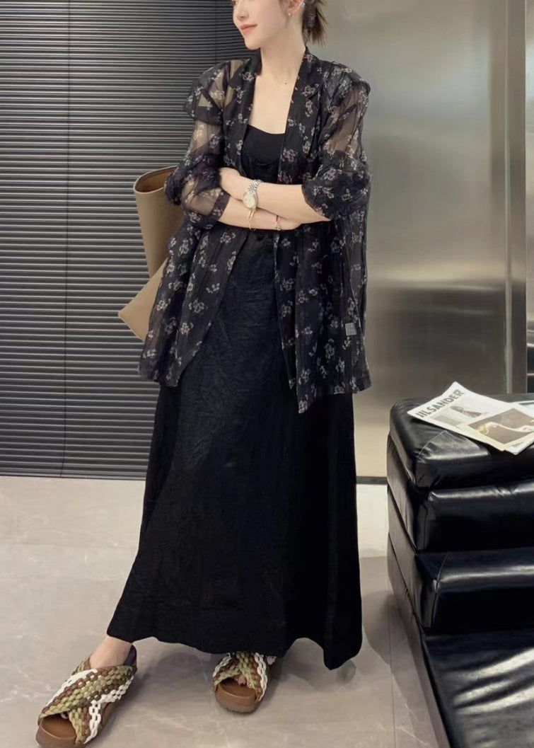 Simple Black Oversized Print Chiffon UPF 50+ Coat Jacket Spring