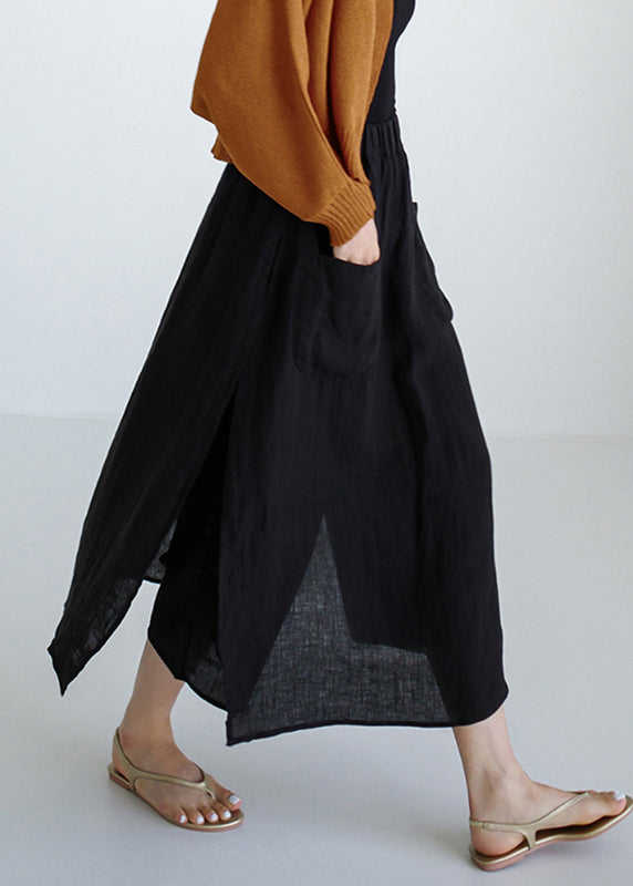 Simple Black Side Open Linen Pants Skirt Summer