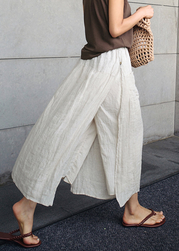 Simple Black Side Open Linen Pants Skirt Summer