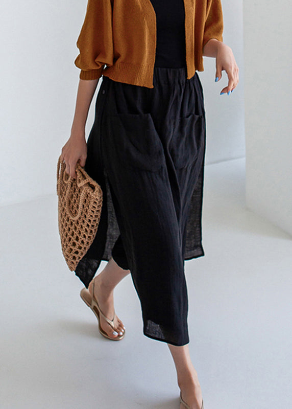 Simple Black Side Open Linen Pants Skirt Summer