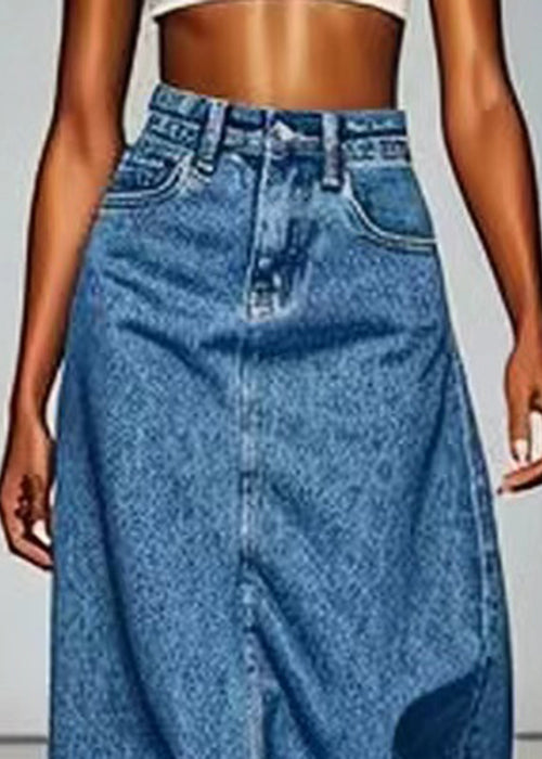 Simple Blue Pockets High Waist Denim Maxi Skirts Summer