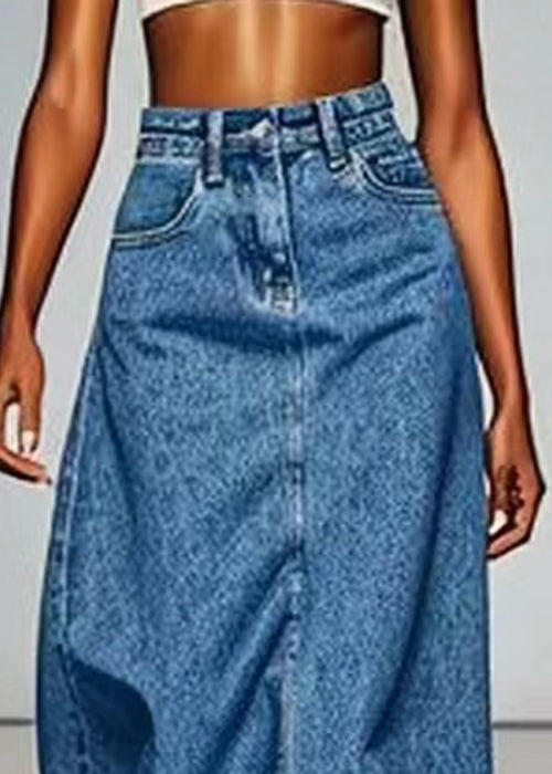 Simple Blue Pockets High Waist Denim Maxi Skirts Summer