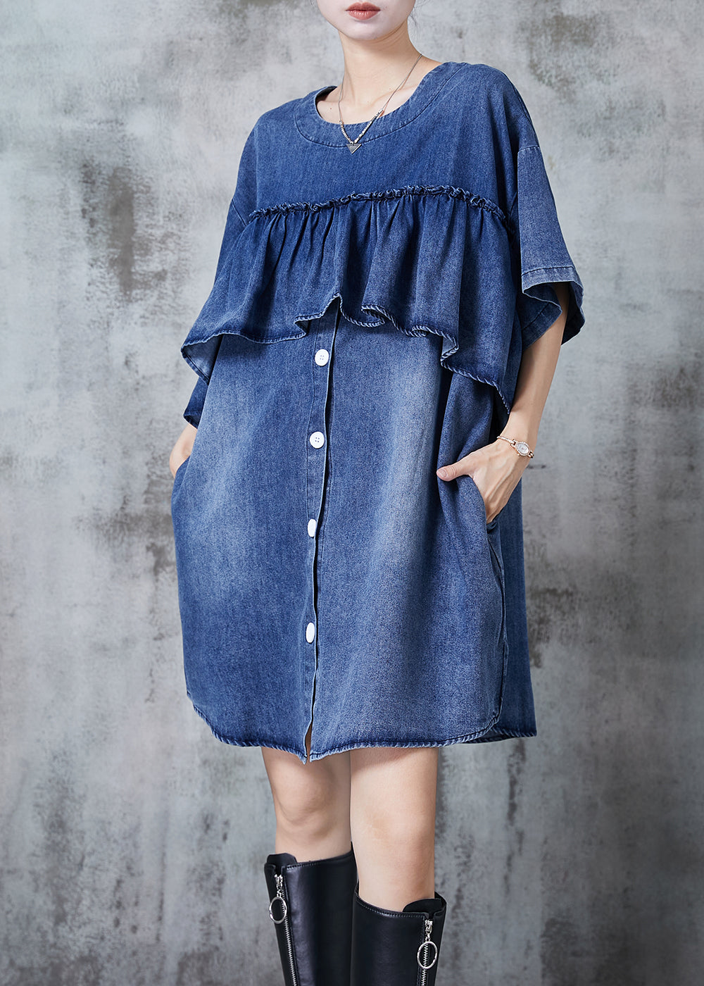 Simple Blue Ruffles Oversized Denim Vacation Dress Summer