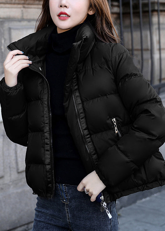 Simple Blue Stand Collar Zip Up Solid Down Coat Winter