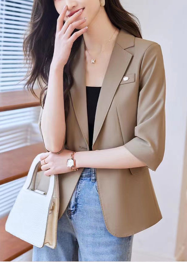 Simple Coffee Notched Spandex Jacket Half Sleeve