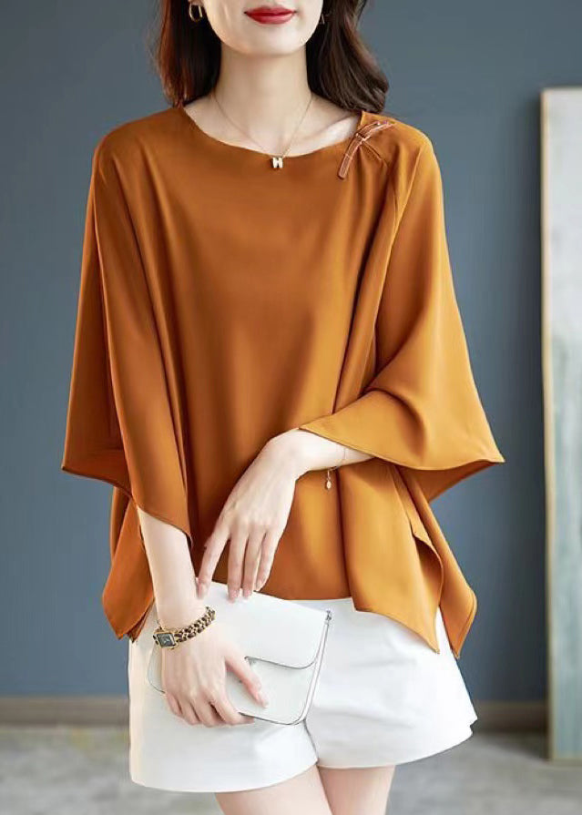 Simple Coffee O-Neck Asymmetrical Chiffon T Shirts