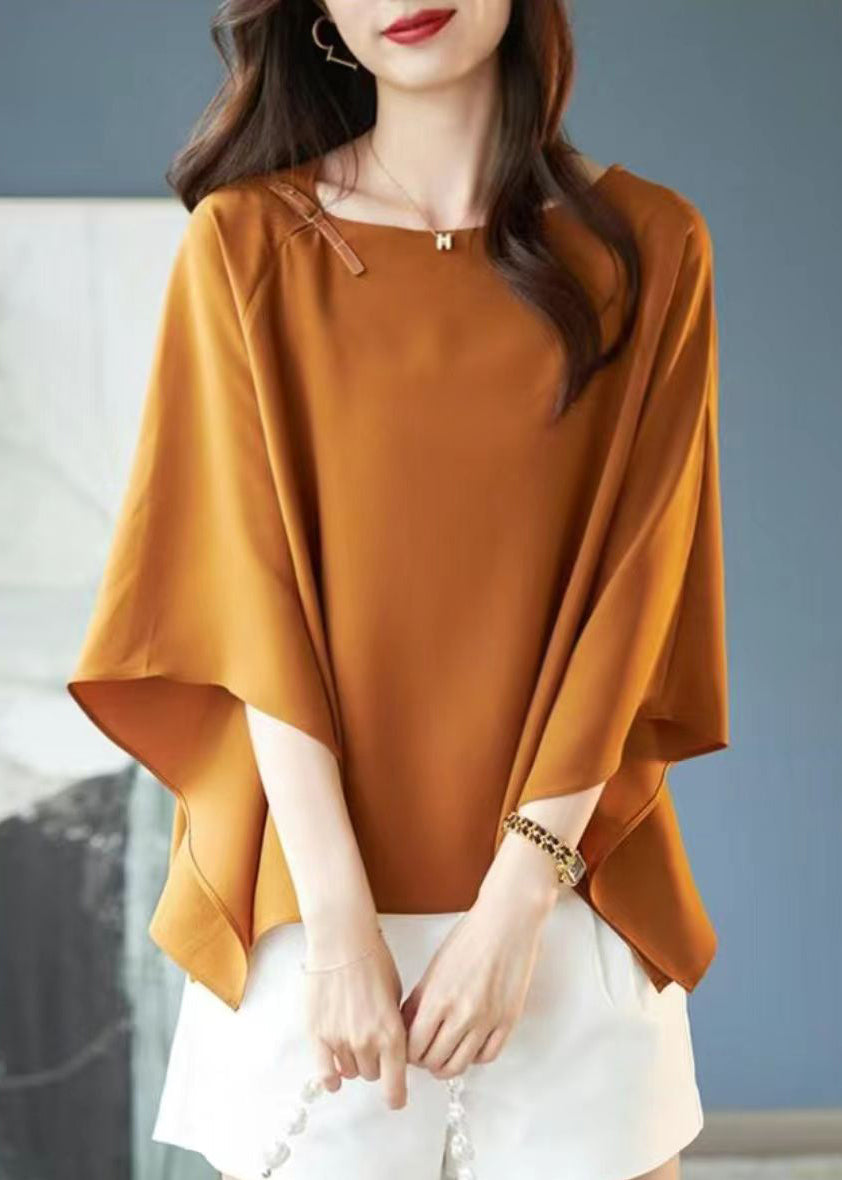 Simple Coffee O-Neck Asymmetrical Chiffon T Shirts