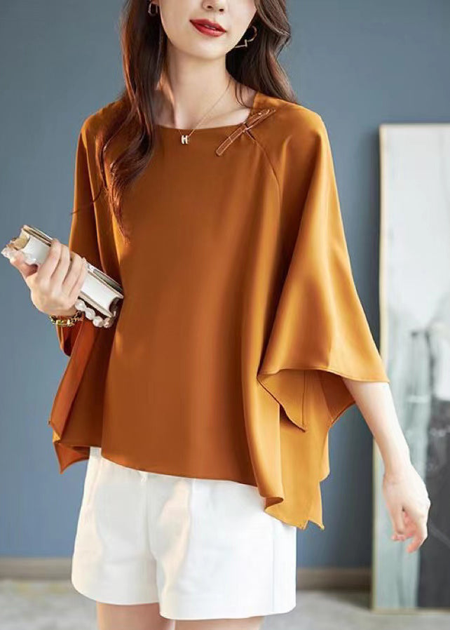 Simple Coffee O-Neck Asymmetrical Chiffon T Shirts