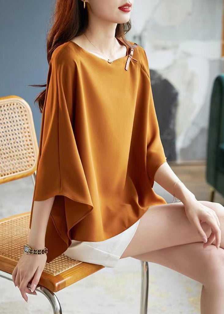 Simple Coffee O-Neck Asymmetrical Chiffon T Shirts