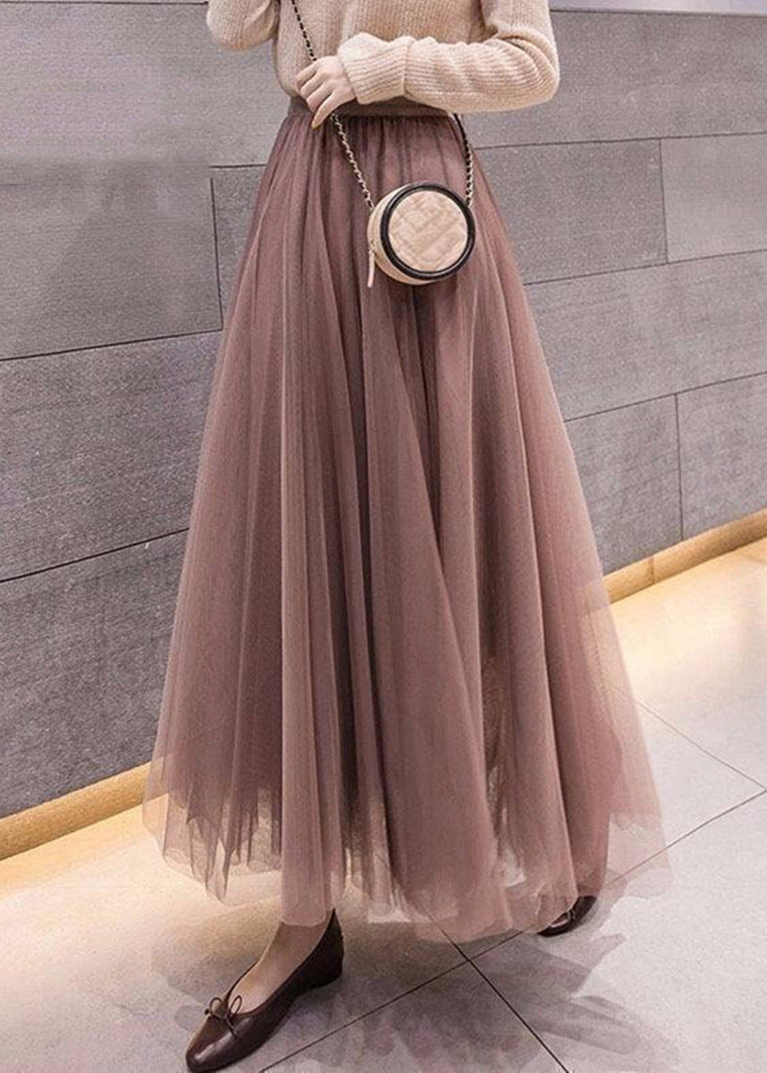 Simple Coffee Solid Elastic Waist Tulle Skirt Spring