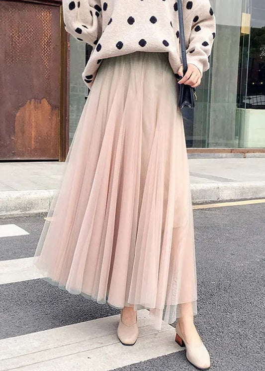 Simple Coffee Solid Elastic Waist Tulle Skirt Spring