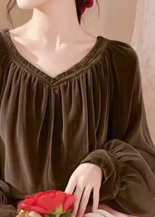 Simple Coffee V Neck Wrinkled Solid Silk Velour Shirt Spring