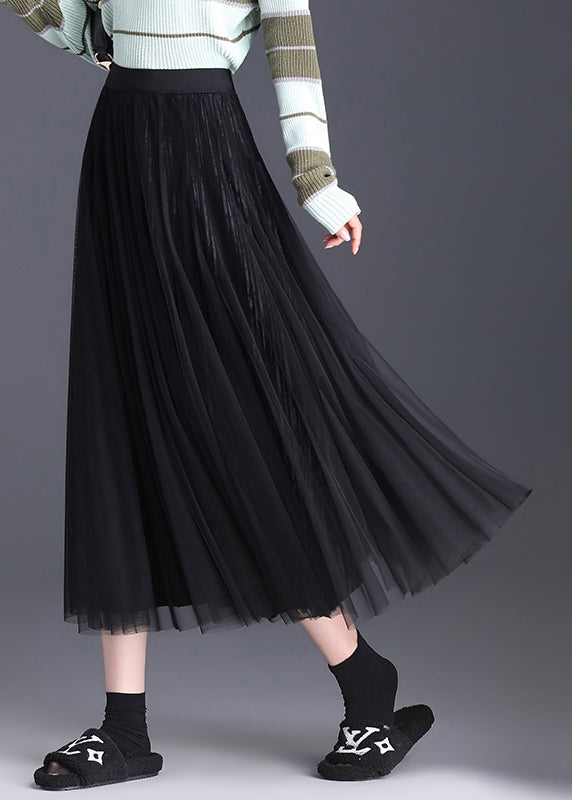 Simple Coffee Wrinkled Elastic Waist Tulle Skirts Spring