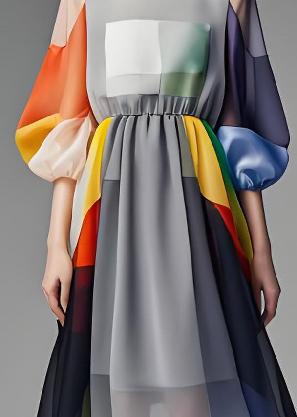 Simple Colorblock O Neck Patchwork Chiffon Dress Lantern Sleeve